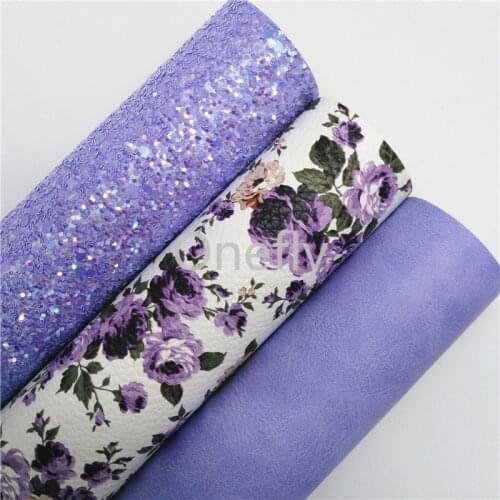 Onefly 21X29CM Purple Glitter Leather, Flowers Printed Synthetic Leather Sheets For Bow DIY handbags shoes BQ011