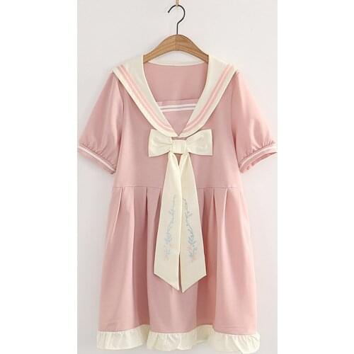 College Style Summer Japanese Dress Women Mori Girl Solid Pink High Waist Sailor Collar Bow Sweet Female Kawaii Dress U177