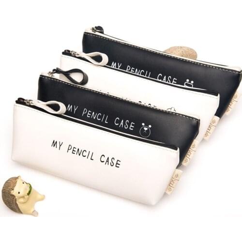 Korea PU Leather School Pencil Case Simple Black and White Pencils Student Pen Box for Students Gifts Stationery Supplies