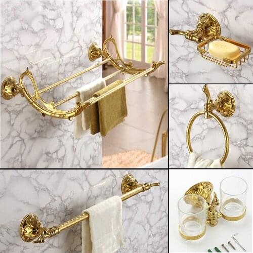 Luxury Bathroom Hardware Pendant European Classical Brass Gold-plated Towel Rack Antique Carved Ceramic Soap Dish Holder