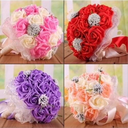 Bridal Wedding Bouquet Bridesmaid Artificial PE Rose Flower Fake Pearl Pink Bouquet Wedding Supplies Festival Decorations