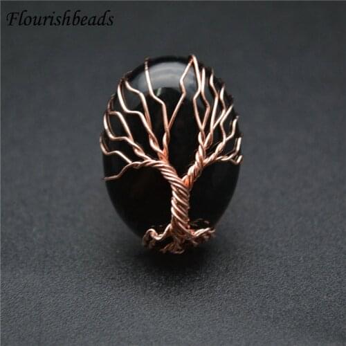 Unique Natural Gemstones Rose Gold Color Life Tree Wrap Oval Egg Shape Cabochon Rings Circle Length Adjustable Fashion Gift