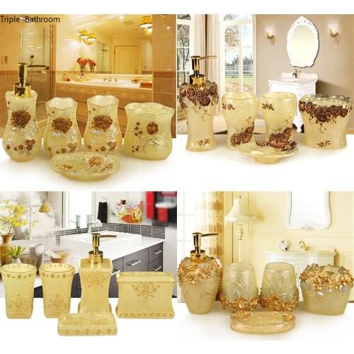 WSHYUFEI European Resin Bathroom Set Household Five-piece set Soap Dispenser Tooth Brush Holder Cup Soap Dish plastic Tray