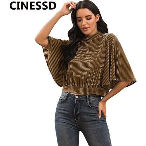 CINESSD 2020 Women Batwing Sleeves Tee Shirts Solid Cropped Tops Navy Blue Stand Collar Hollow Button Casual Short Lady Tshirt