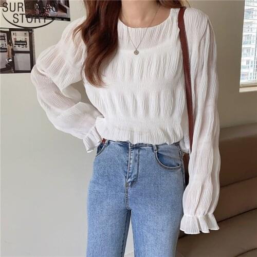 2021 New Shirt O-Neck Long Sleeve Elegant chiffon Blouse Korean Chic Blouse Spring Autumn Blusas Mujer Women Casual Tops 14388