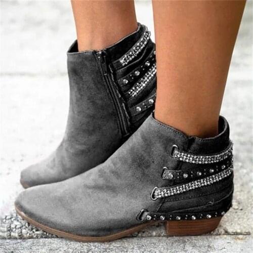 2020 Winter Women Rhinestones Ankle Boots PU Leather Wipe Color High Heel Lace Up Rubber Round Toe Retro Ladies Shoes
