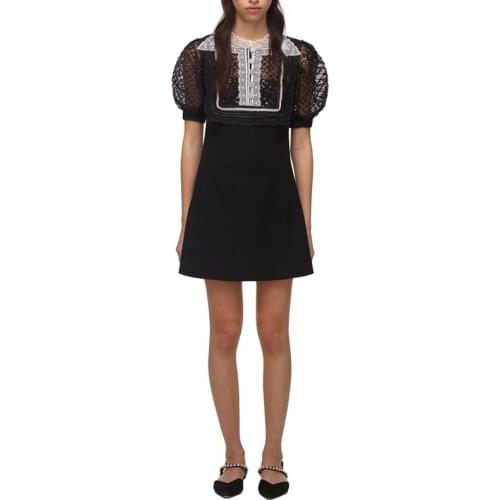 Women Peter Pan Collar Mini Dress 2021 Spring Summer Puff Sleeve Ladies Lace Hollow Out Sequins Short Dresses