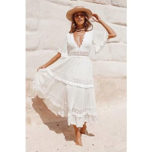 TEELYNN White Maxi Dress Women Hollow Waist Deep V Neck Beach 2021 Summer Dress Short Flare Sleeve A-line Sexy Long Boho Dresses
