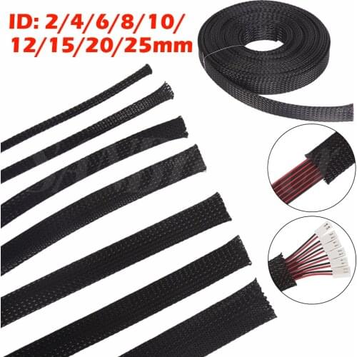 1/5/10/50/M Black Insulated Braid Sleeving 2/4/6/8/10/12/15/20/25mm Tight PET Wire Cable Gland Protection Cable Sleeve