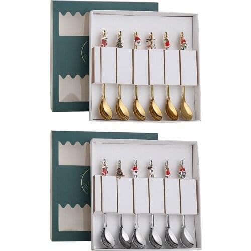 6Pcs Christmas Spoons with Gift Packing Box Dessert Cake Ice Cream Spoons Kitchen Tableware