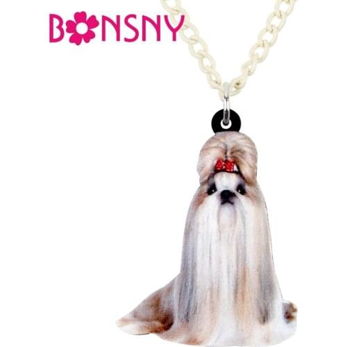 Bonsny Acrylic Elegant Chinese Shih Tzu Dog Necklace Pendant Chain Choker Fashion Animal Jewelry For Women Girls Ladies Kid Gift