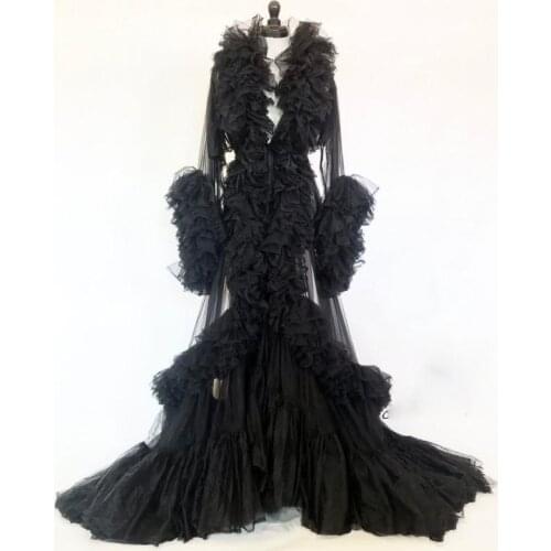 Black Mermaid Long Tulle Robs 2020 Ruffles Tiered Full Sleeves Women Dresses To Baby Shower Dress Sexy Nightgown Vestidos