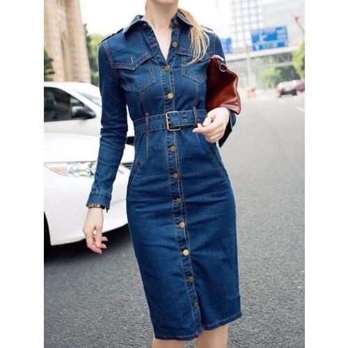 35& Jeans Dress Denim Dresses Winter Office Slim Jeans Long Sleeve Mid-Cuff Denim with Belt for Women Jeans Dress Long Dress