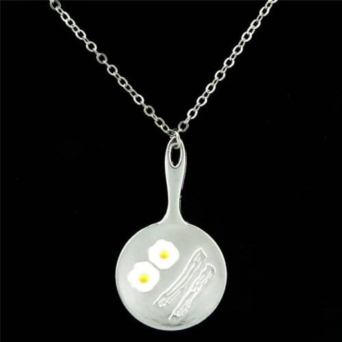 GLOWCAT Q18A97 Metal Food Poached Egg Bacon Pendant Necklace Making Cooking Theme Collar 18"Women Girl Gift Jewelry