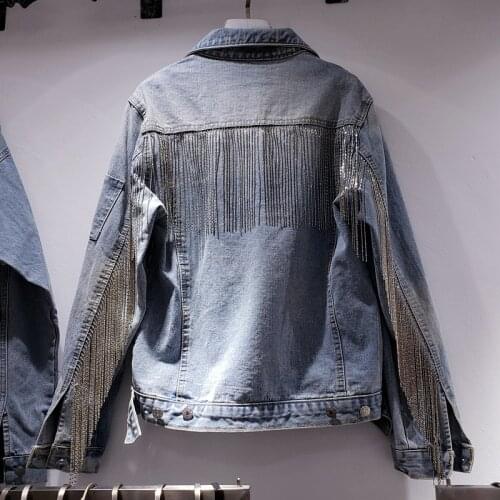 Korean Fashion Back Chain Tassel Denim Jacket Coat Women Loose Casual Student Outerwear Vintage Washed Blue Jeans Jackets Female