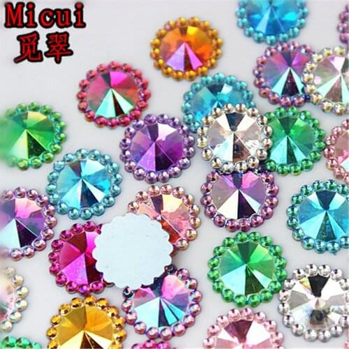 Micui 100pcs 12mm Round Flower Rhinestones Flat Back Acrylic Gems Crystal Stones Non Sewing Beads for DIY Jewelry Clothes MC761