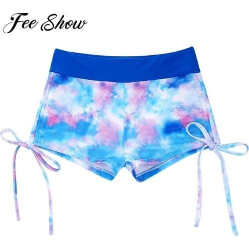 Summer Quickly Dry Kids Girls Swimming Shorts Swimwear High Waist Tie Dye Print Swimming Bottoms Bathing Shorts Girls Beachwear