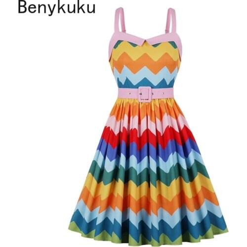 Multicolor Striped High Waist Belted Summer Clothes for Women 50s Vintage Spaghetti Strap Pleated Dress Girls Beach Sundress