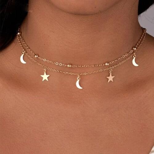 Fashion Simple Double Layer Star Moon Charm Necklace Delicate Clavicle Chain Zircon Necklace For Women Jewelry Pendant Collar