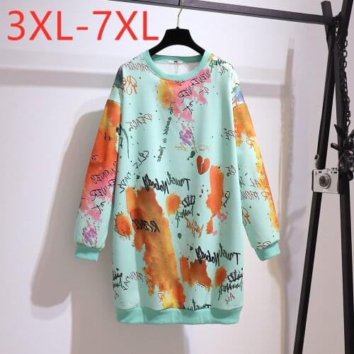 New Ladies Autumn Winter Plus Size Tops For Women Large Long Sleeve Loose Green Print Thick Long T-shirt 3XL 4XL 5XL 6XL 7XL