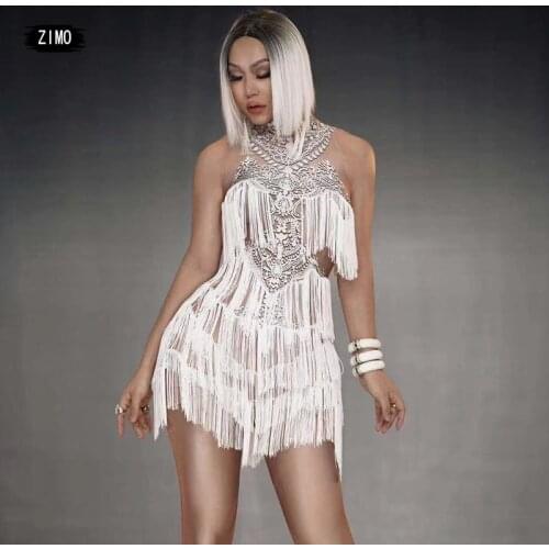 White Dress print tassel Stretch party nightclub Birthday sexy short Dress women festival outfit Latin dance stage Costume rave