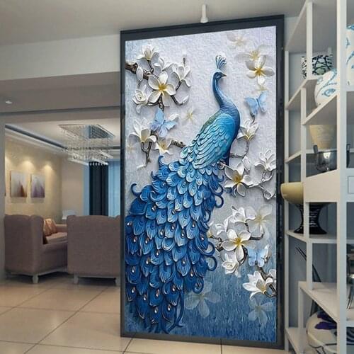 Custom Mural Wallpaper European Style 3D Relief Flowers Blue Peacock Wall Painting Hotel Living Room Study Entrance Decor Murals