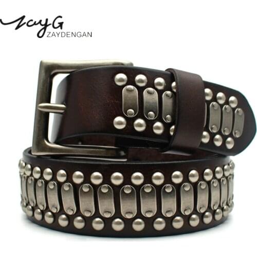 ZAYG Belt punk high quality belt Men and Woman belt leather luxury brand pin buckle belt metal big copper rivet waist seal jeans