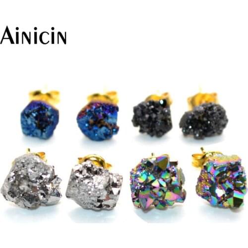 Natural Druzy Crystal Rainbow Silver Royal Blue Black Plating Shine Stud Earrings For Men and Women Jewelry 10pcs/lot