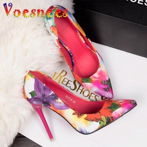 Women Pumps High Heels 10CM Colorful Ladies Floral Printing Shallow Slip On Pointed Toe Office Shoes Female Wedding Shoe Footwer