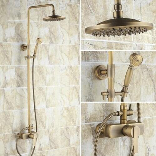 Vintage Retro Antique Brass Single Handle Lever Bathroom 8 Inch Round Rain Shower Faucet Set Mixer Tap Hand Shower mrs175