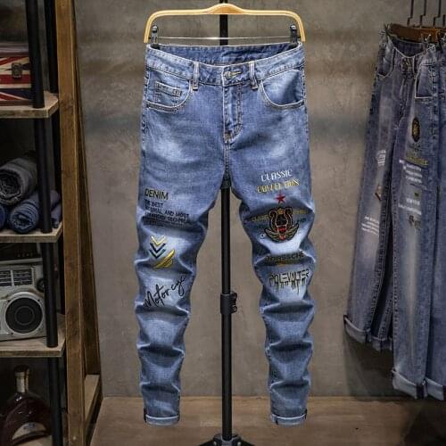 Embroidery stitchwork Boutique European Men Brand Slim Jeans Denim Trousers Stretch Blue Patchwork Hole Pants For Men Ripped