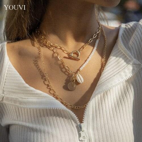 YOUVI Toggle LassoLock Choker Necklaces Natural Shell Cowrie Round Sequins Pendants Chains Necklaces for Women Jewelry Collar