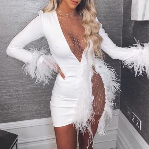 Womens Sexy Dresses Sheer Mesh Star spring autumn round neck dress feather decoration Women White Mini dress Black bandage tops