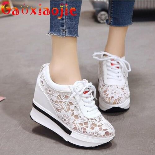 New Lace Platform Thick-soled Inner Increase Womens Shoes Casual Mesh yarn Wedges 9.5cm lace-up Waterform Single Shoes Women
