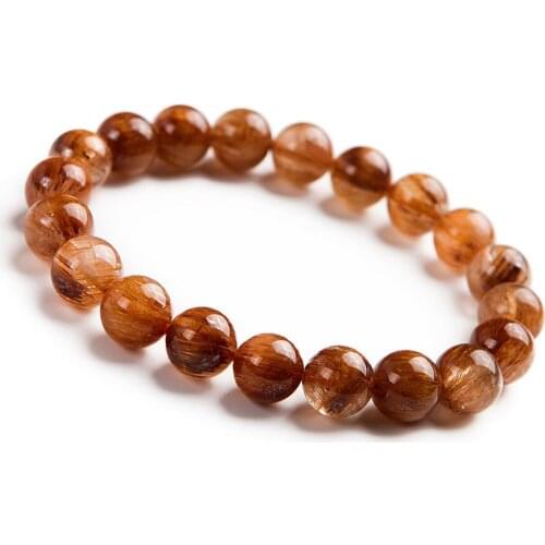 Genuine Natural Copper Hair Rutilated Quartz Crystal Round Bead Women Lady Charm Bracelet 10mm