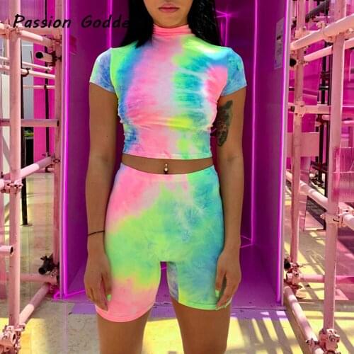 Womens 2 Piece Sets Rainbow Printing Zipper Shirts Elastic Skinny Cropped Tops Five Mid Length Leggings Shorts Suits Sweatsuits