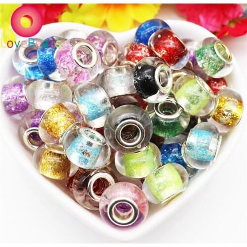 10 Pcs Big Hole Transparent Color Glitter Beads Spacer Loose Beads Charms Fit DIY Pandora Bracelet Bangle Snake Chain Jewelry