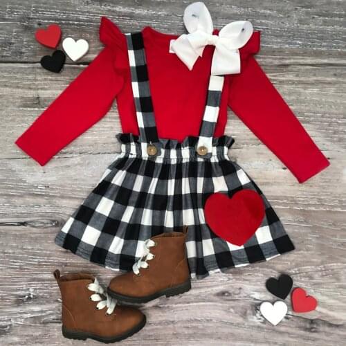 2020 Toddler Girl Clothes Baby Girl Ruffles Hearts Print Long Sleeve Tops Plaid Dress Cottom Skirt Clothing Set TELOTUNY