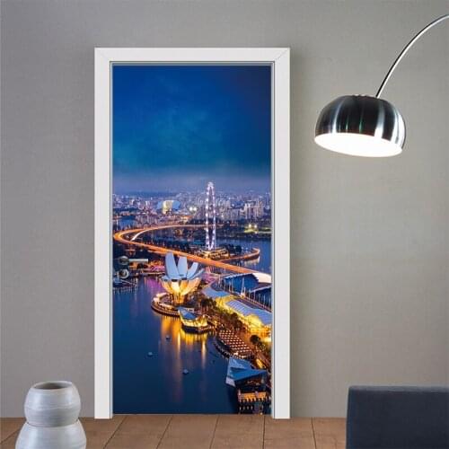 3D Door Sticker DIY Mural Wallpaper Bridge Light Night Scene Waterproof Self adhesive Door Murals Living Room Home Decor