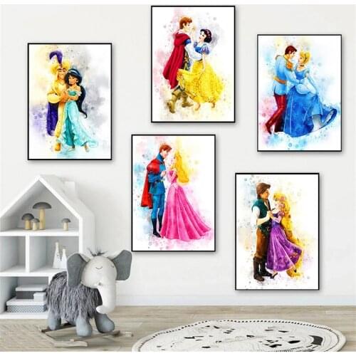 Watercolor Disney Art Canvas Painting Snow White and Beauty and the Beast Poster and Prints Wall Art Picture for Kids Room Decor