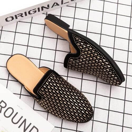 Brand Noble Black Rhinestone Men Dress Shoes Velvet Crystal Slippers Luxury Moccasins Mens Loafers Office Business Man Footwear