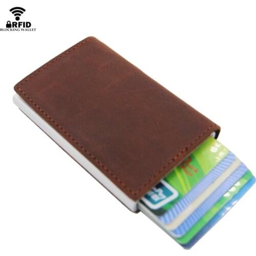 Bycobecy 2020 Crazy Horse Leather Rfid Aluminium Credit Business Card Holder Unisex Genuine Wallet Man With Purse Vintage Purse