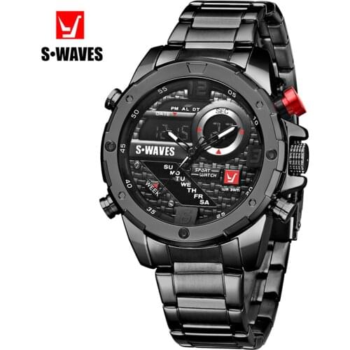 SWAVES Dual Display Watch Men Clock Luxury Waterproof Watches Mens 2019 Quartz Fashion Stainless Steel Sport Army Reloj Hombre