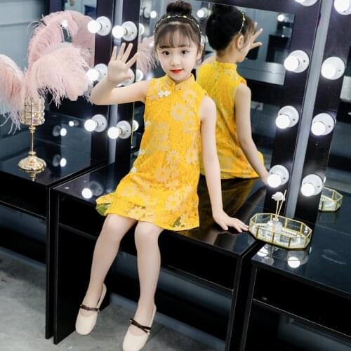 Childrens Cute Sleeveless Cheongsam 2021 Summer New Childrens Retro Chinese Style Little Girl Princess Dress 4-12 Year Clothes