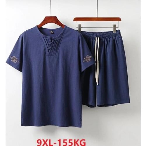 Summer men pajamas home wear sleep wear Short Sleeve Tshirt and shorts linen cotton plus size v-neck vintage home clothing 68 70