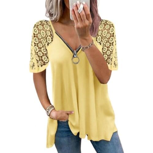 Tshirt Women Sexy Zipper V Neck Lace Stitching Tops Female Tee Shirt Hollow Out Short Sleeve Summer Elegant Office Lady T-shirt