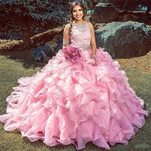 Cascading Tier Ruffles Pink Ball Gown Quinceanera Dresses 2020 Beads Appliques Sweet 16 vestidos de 15 Anos Masquarade Prom