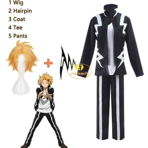 My Hero Academia Denki Kaminari Cosplay Costume Blonde Wig MHA Boku no Hero Updated Hero Costume Black Jacket LIghtning Hairpin