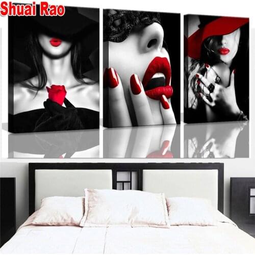 5d diy Diamond Embroidery Sexy Lip Red Woman Pattern Diamond Painting Full Square Round Drill Pictures of rhinestones 3 Piece