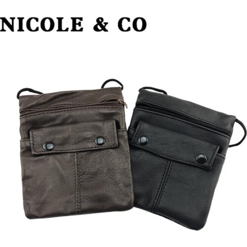 NICOLE & CO 2021 Men Leather Coin Purse Black Mini Wallet Solid Genuine Leather Zipper Small Purse Wallet Change Bag